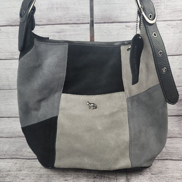 Emma Fox Leather Purse Shoulder Bag Strap Tote Bucket Style Black Gray Patchwork - Picture 2 of 11